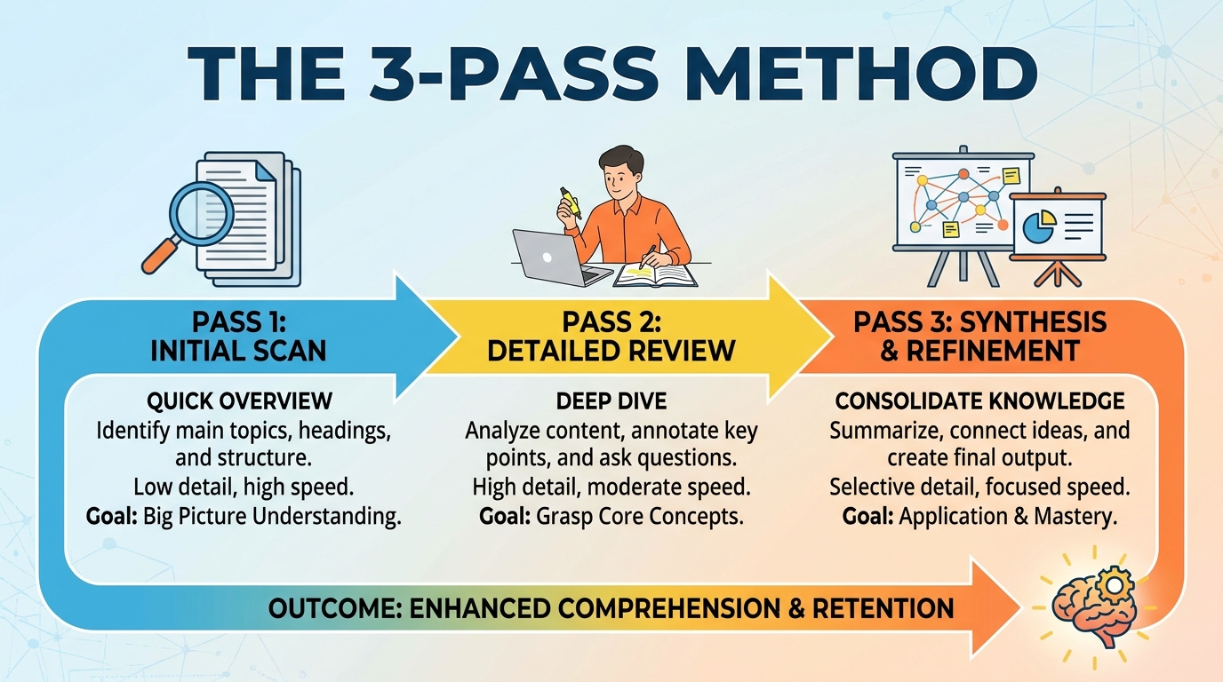** Infographic showing the 3-pass method for reading medical studies