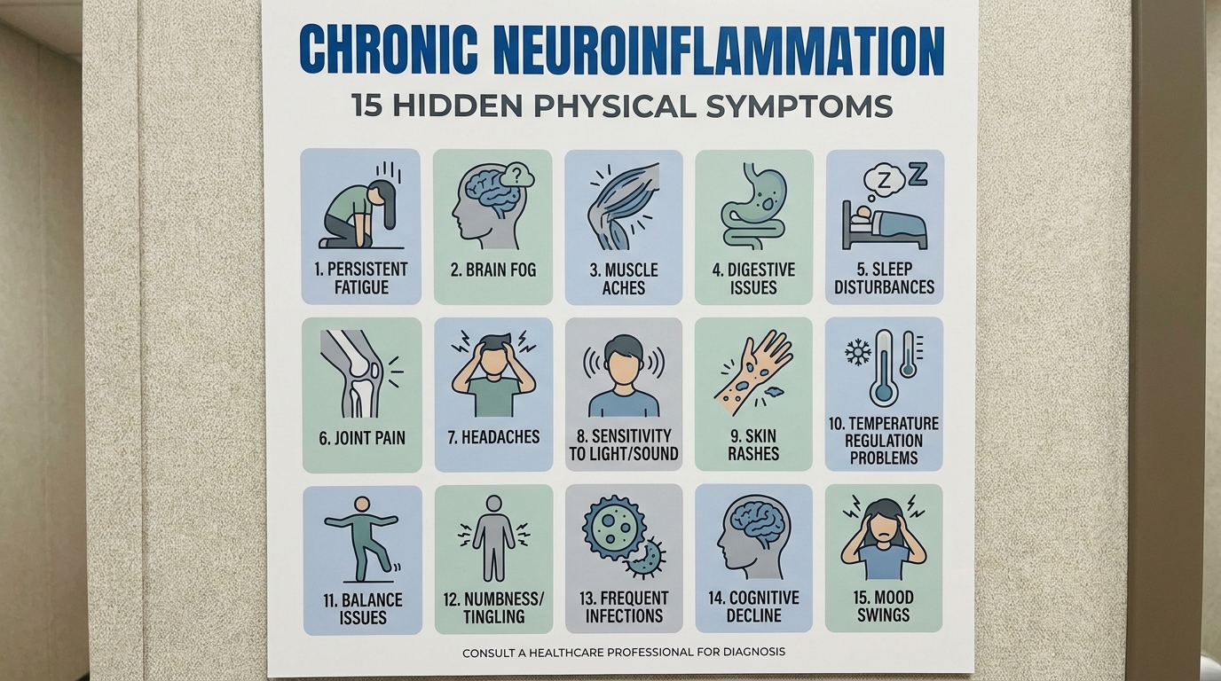 ** Checklist highlighting physical symptoms of stress and neuroinflammation across bodily systems