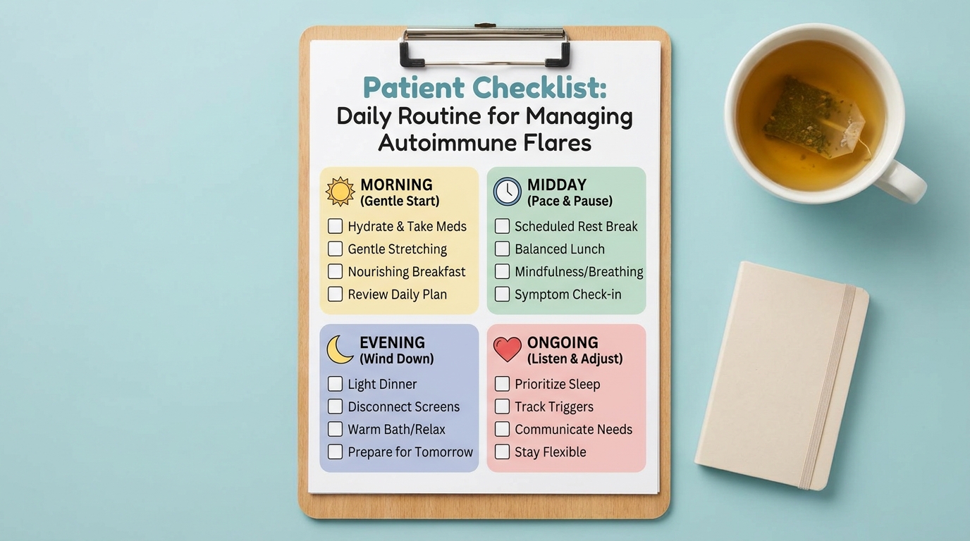 ** Checklist for managing autoimmune disease including strict sun protection