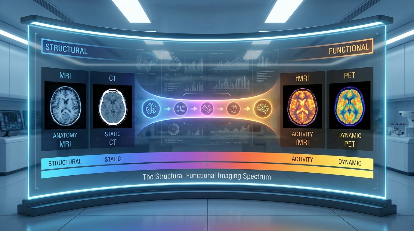 ** Infographic showing the diagnostic imaging spectrum from structural X-rays to functional MRIs